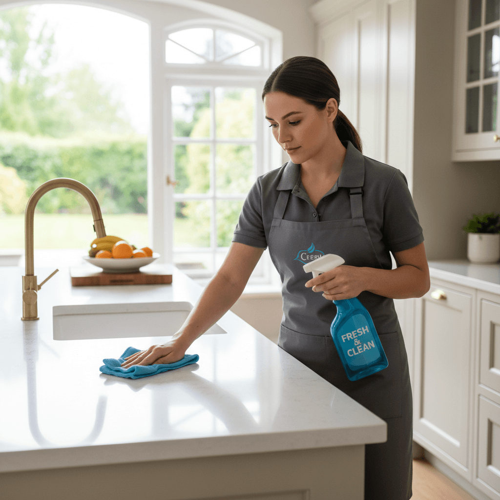 Professional cleaner wiping down kitchen counter