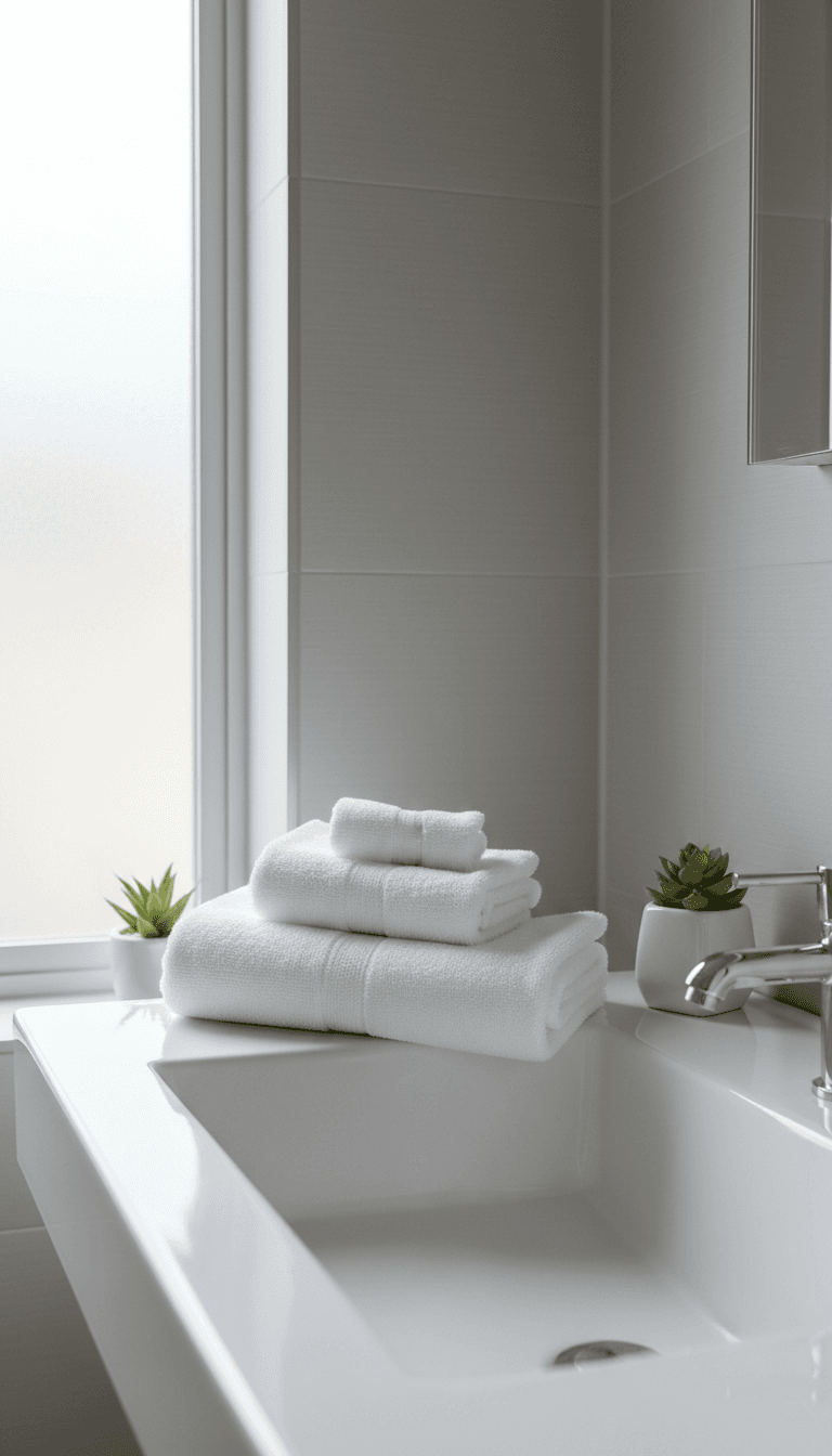 Neatly folded towels in a clean bathroom