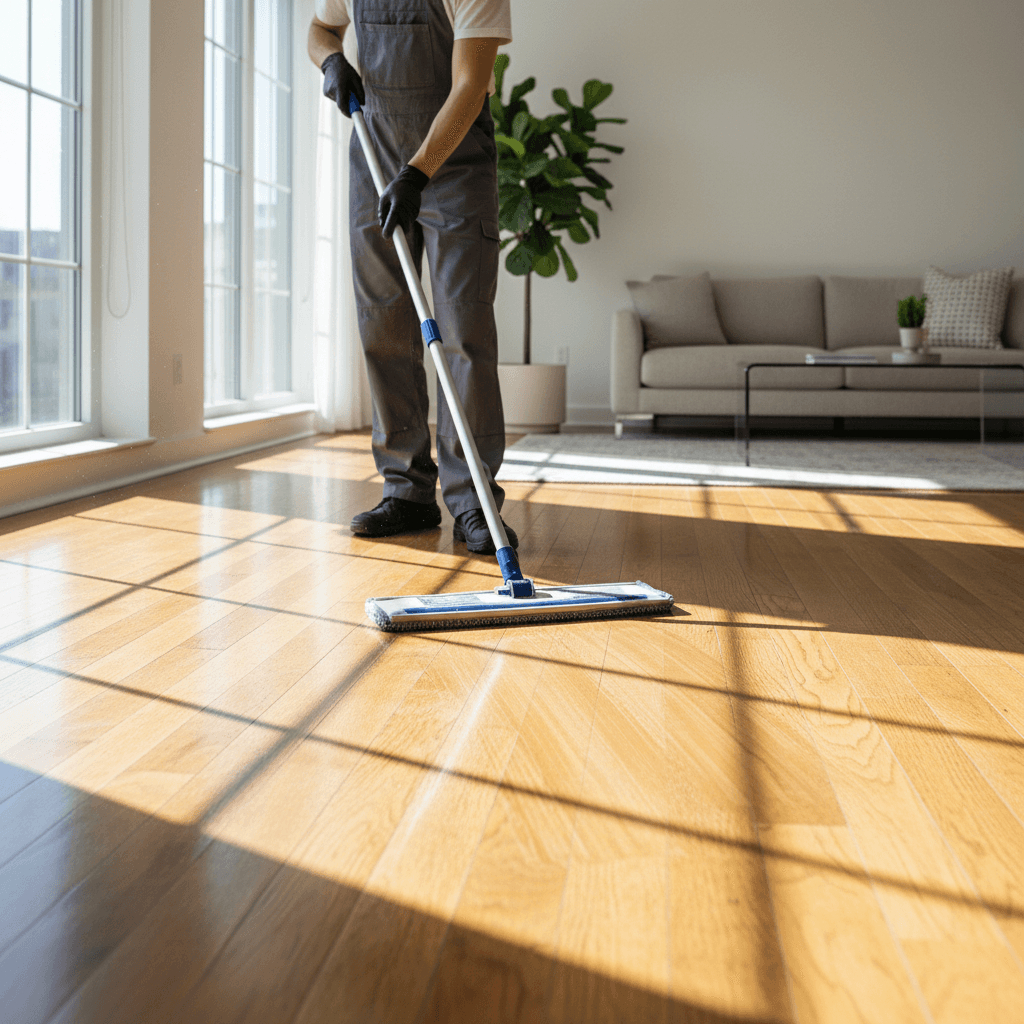 Clean hardwood floor being mopped