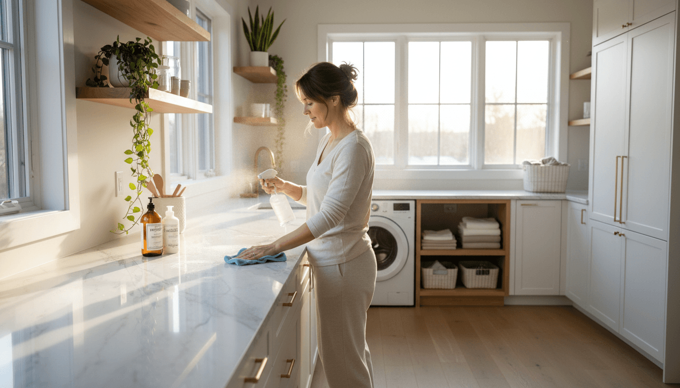 Professional cleaner with cleaning supplies in bright living room