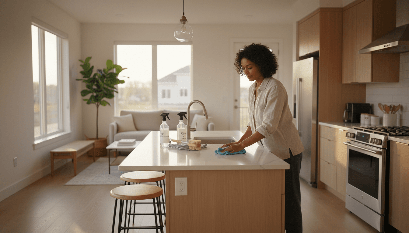 Clean kitchen counter with cleaning supplies