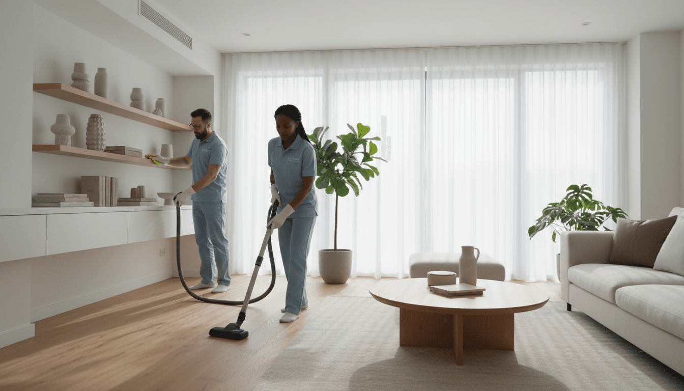 Professional cleaner in a bright living room, holding supplies and smiling warmly