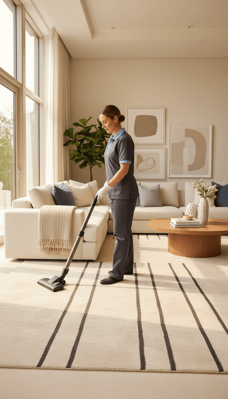 Woman vacuuming a carpet
