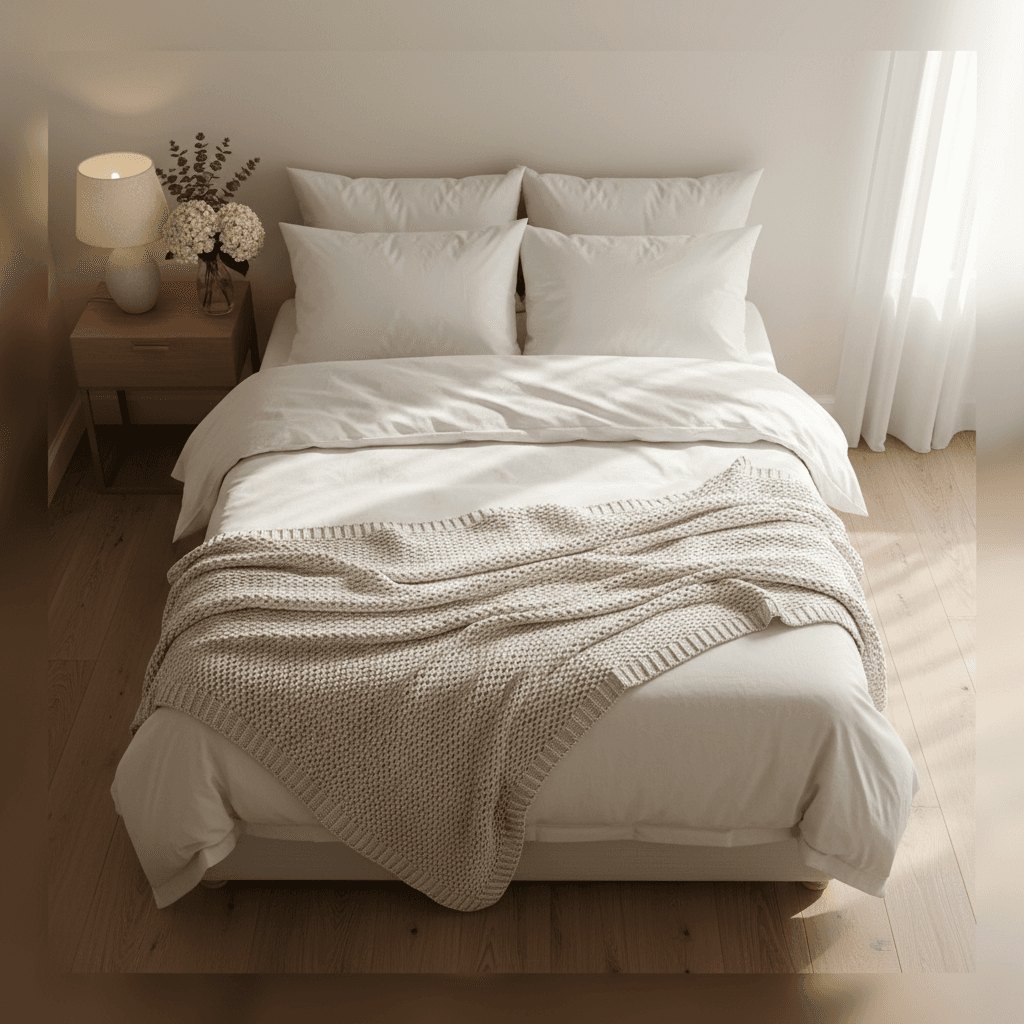 Freshly made bed with white linens