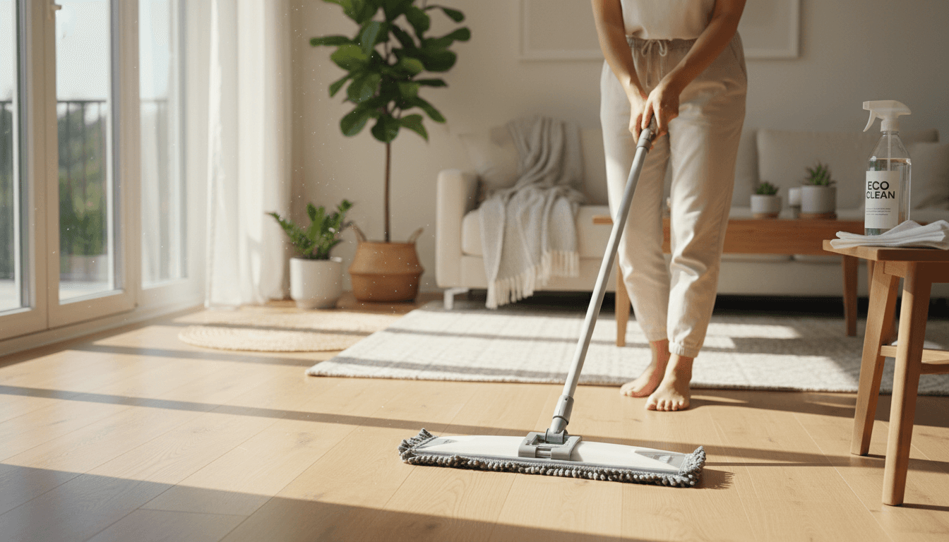 Cleaning supplies in a bright room